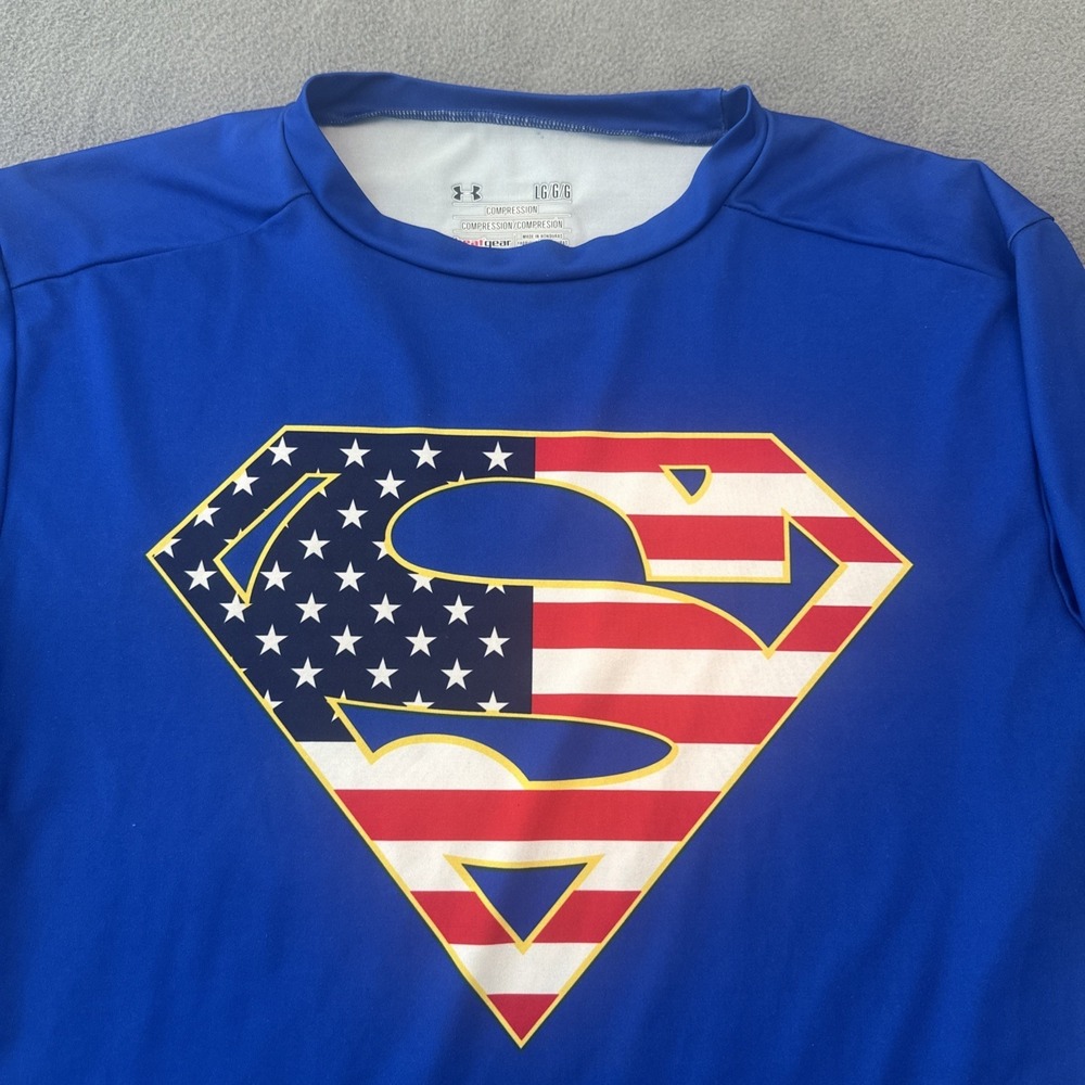Under Armor Superman Alter Ego Compression Shirt Mens L Blue Flag  DC Comics USA